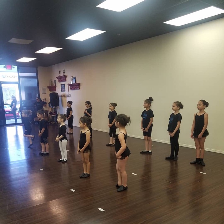 Dancers standing in rows during practice in a dance room.